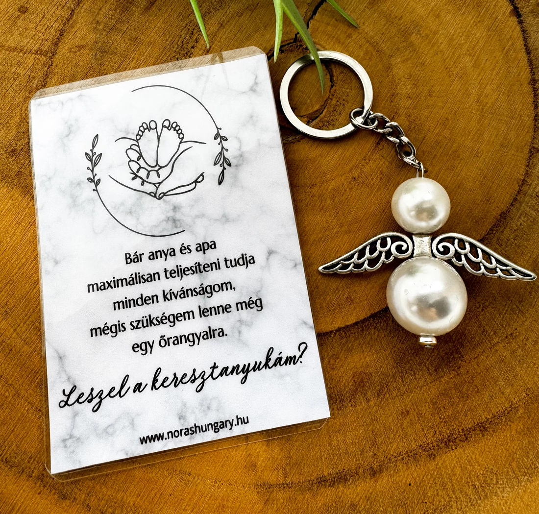 Angyalkás kulcstartó – Keresztanya felkérő ajándék kísérőkártyával