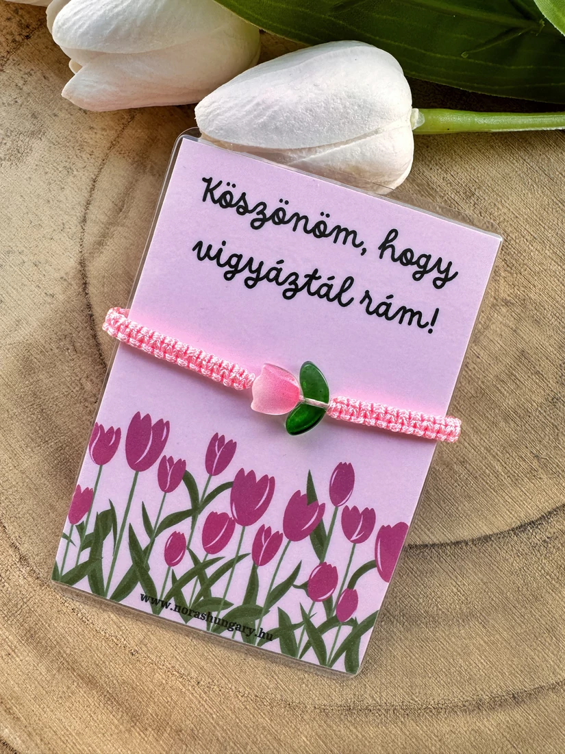 Köszönöm, hogy vigyáztál rám tulipános zsinórkarkötő -rózsaszín
