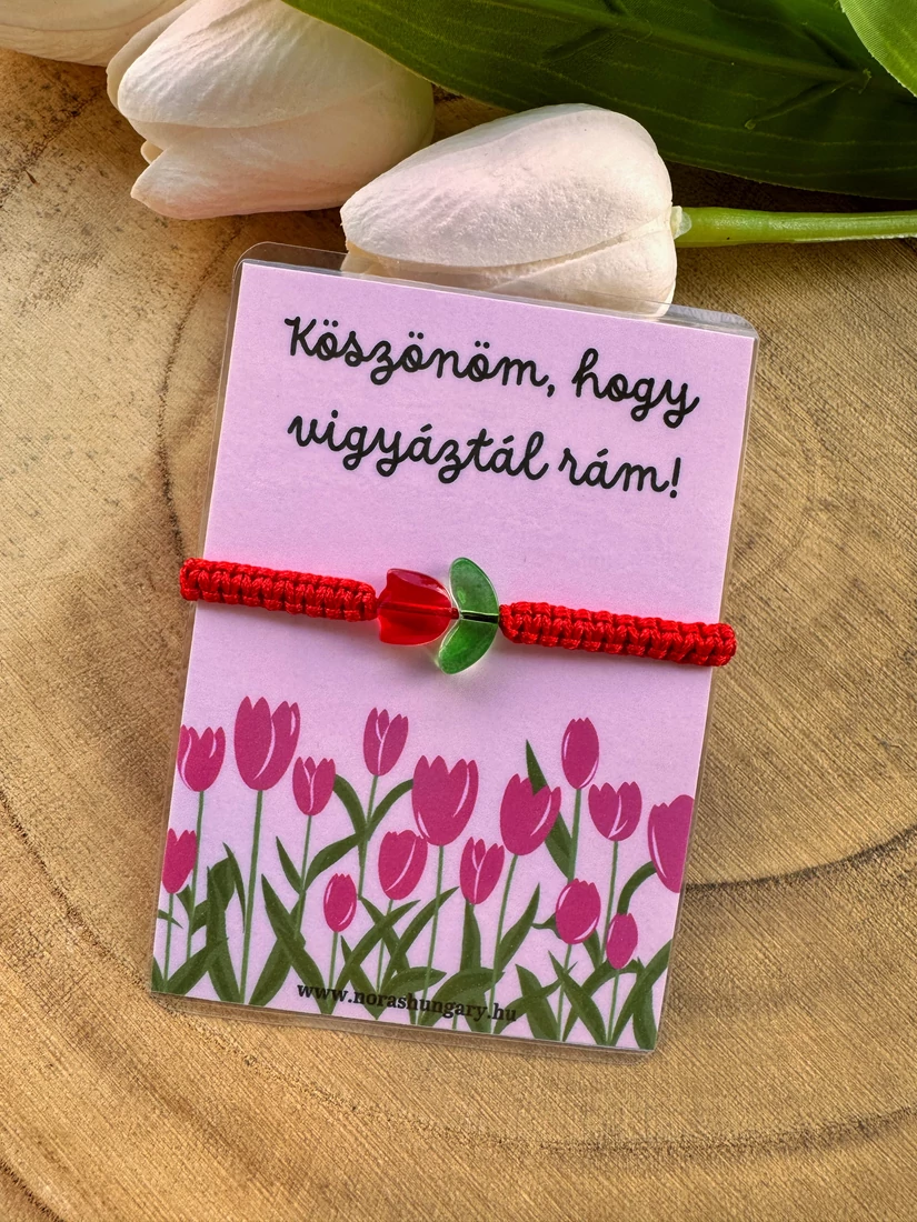 Köszönöm, hogy vigyáztál rám tulipános zsinórkarkötő -piros szín