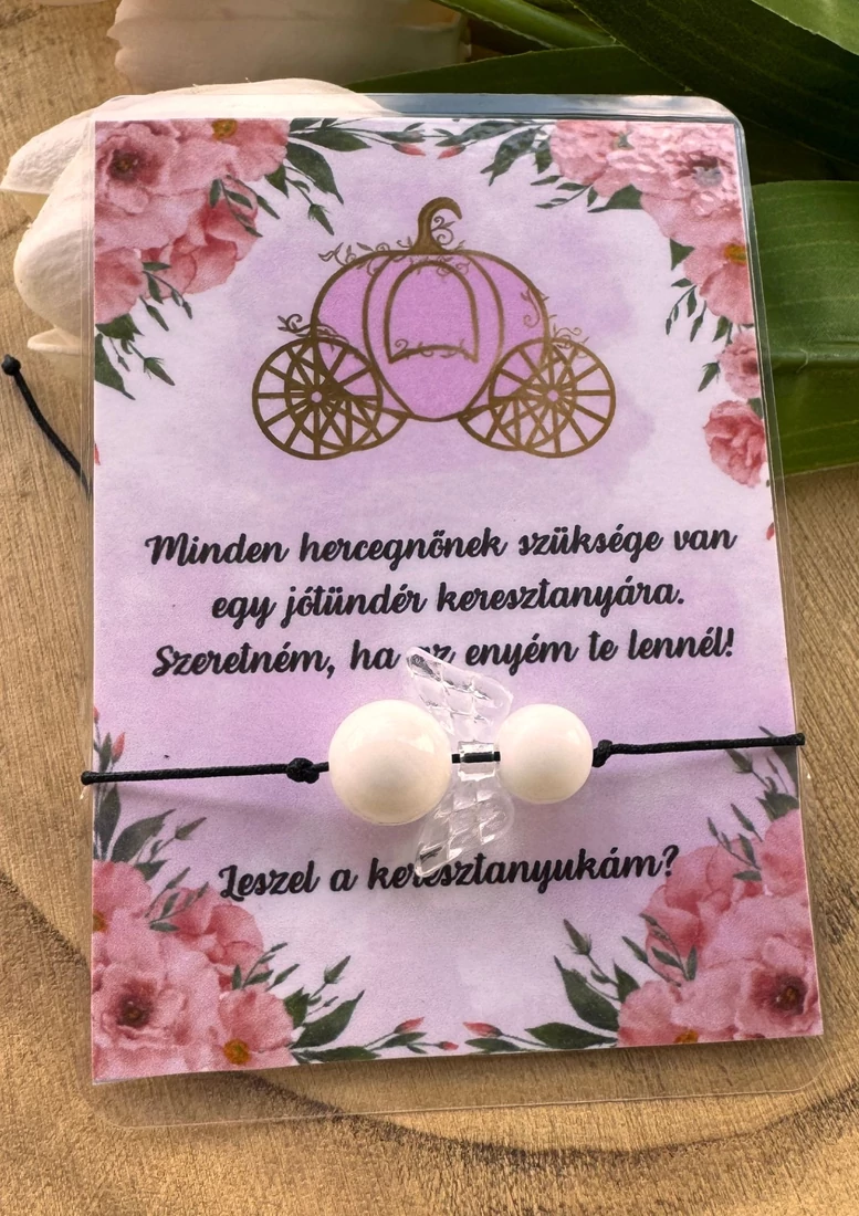 Jótündér keresztanya felkérő fehér angyalkás karkötő kísérőkártyával