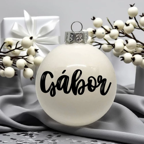 Egyedi feliratos karácsonyi üveg gömbdísz -fényes fehér (8cm) EGY NÉVVEL