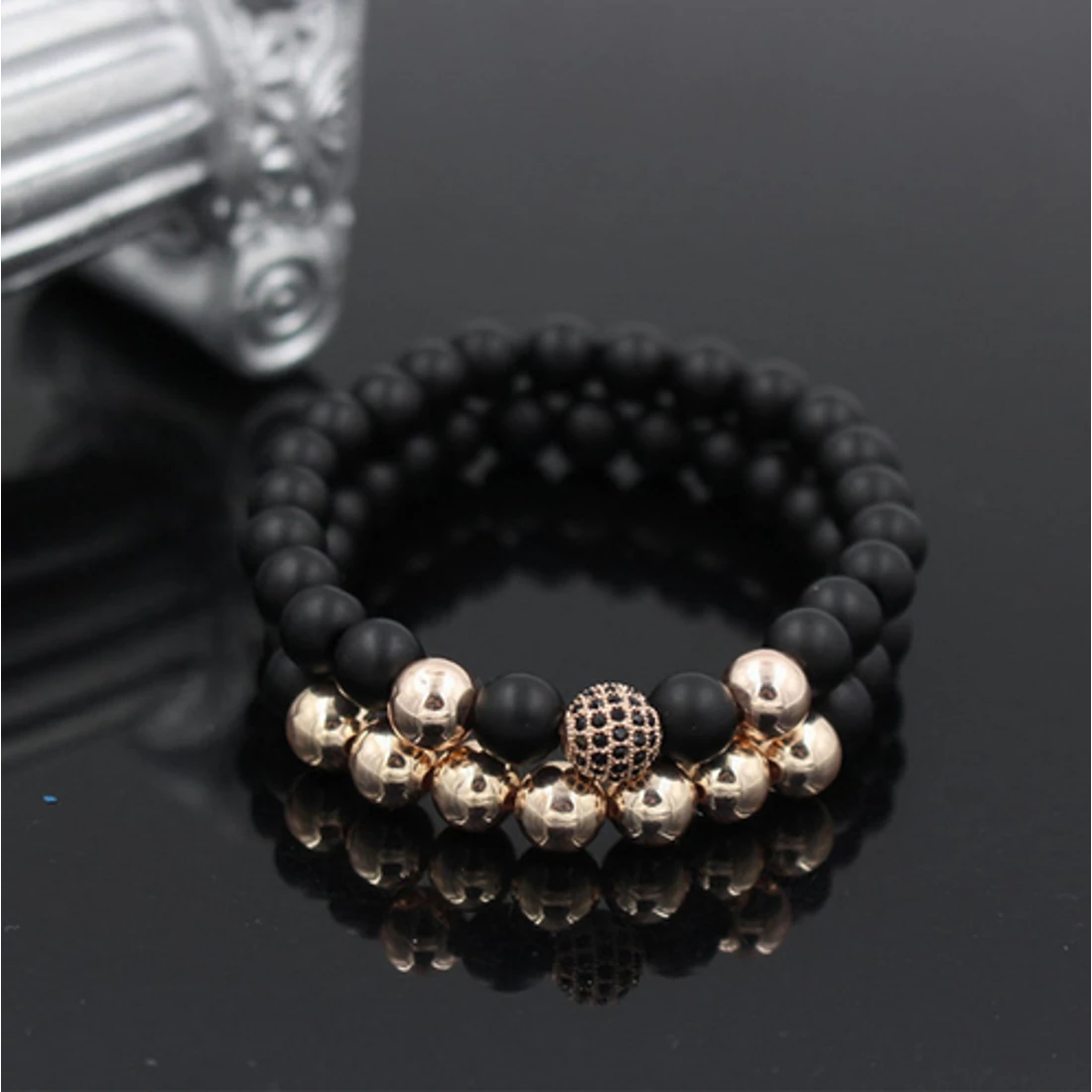 Rosegold hematit,matt onix ásványkarkötő cirkóniával