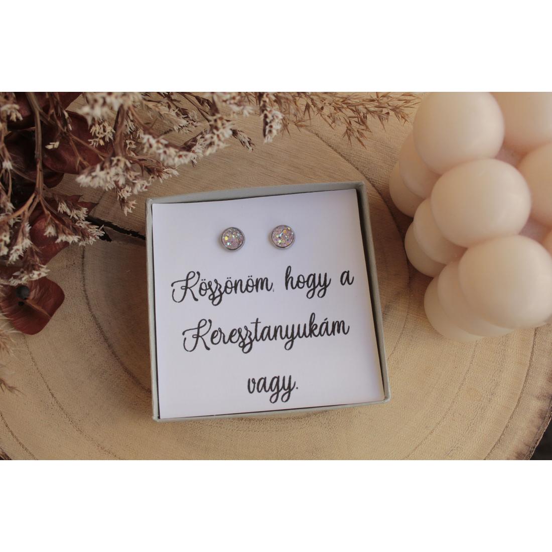 Csillogós, druzy acél fülbevaló keresztanyának díszdobozzal