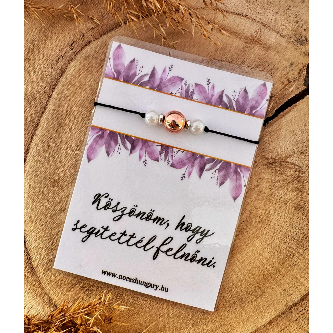"Köszönöm, hogy segítettél felnőni" Rosegold hematit ásványos zsinór karkötő kísérőkártyával