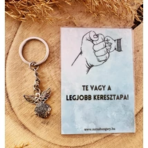 Fekete ásvány angyalkás, charmos kulcstartó keresztapukáknak, kísérőkártyával