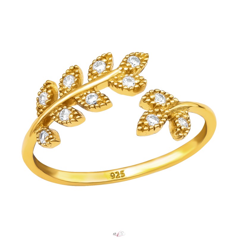 KAMÉLIA aranyozott leveles köves ezüst gyűrű