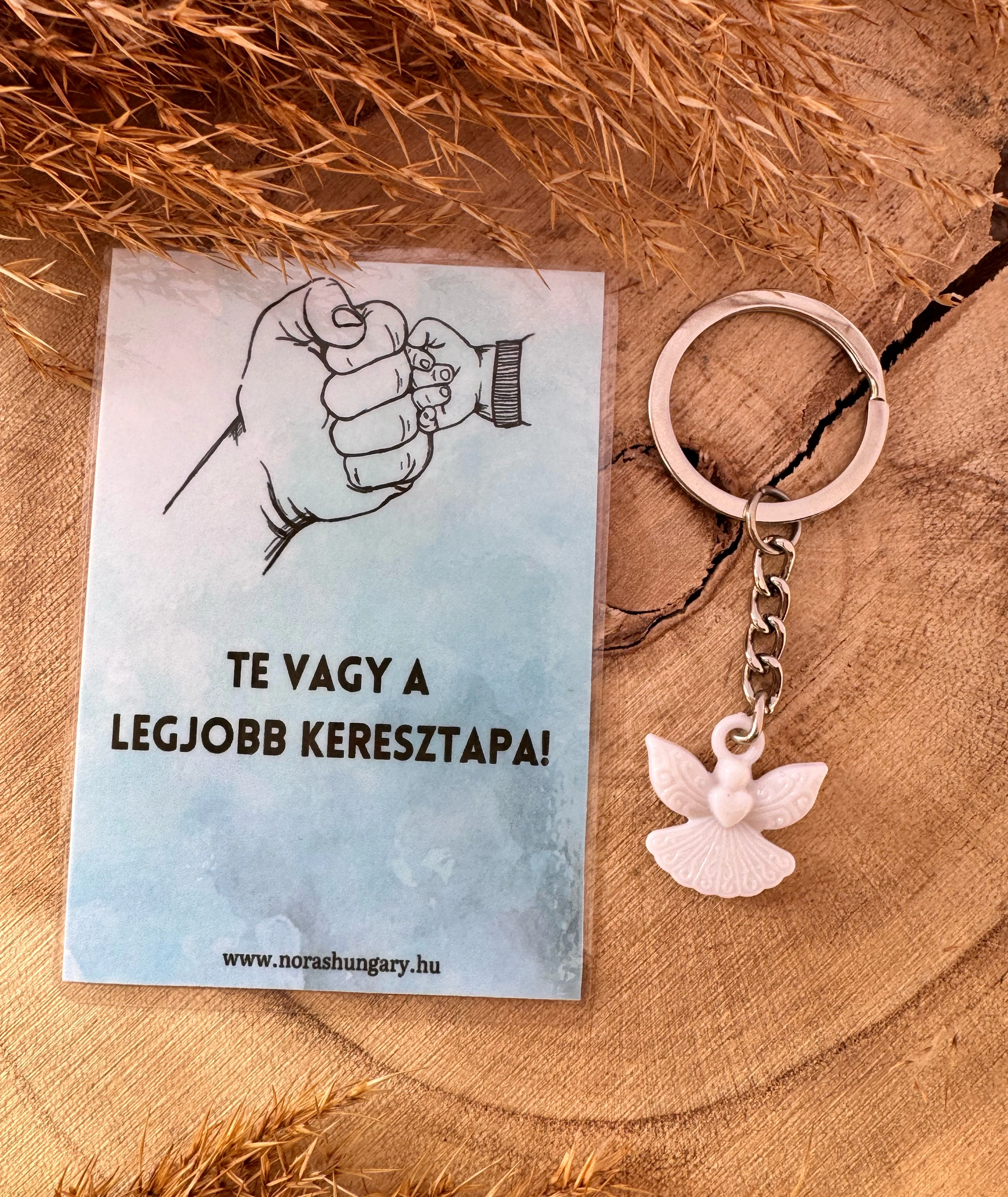 Akril angyalkás kulcstartó keresztapukáknak, kísérőkártyával